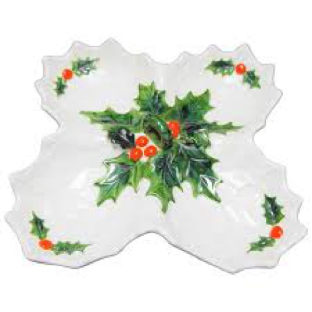 Lefton Vintage Holly Leaf Ceramic Divided Serving Tray With Handle 12"